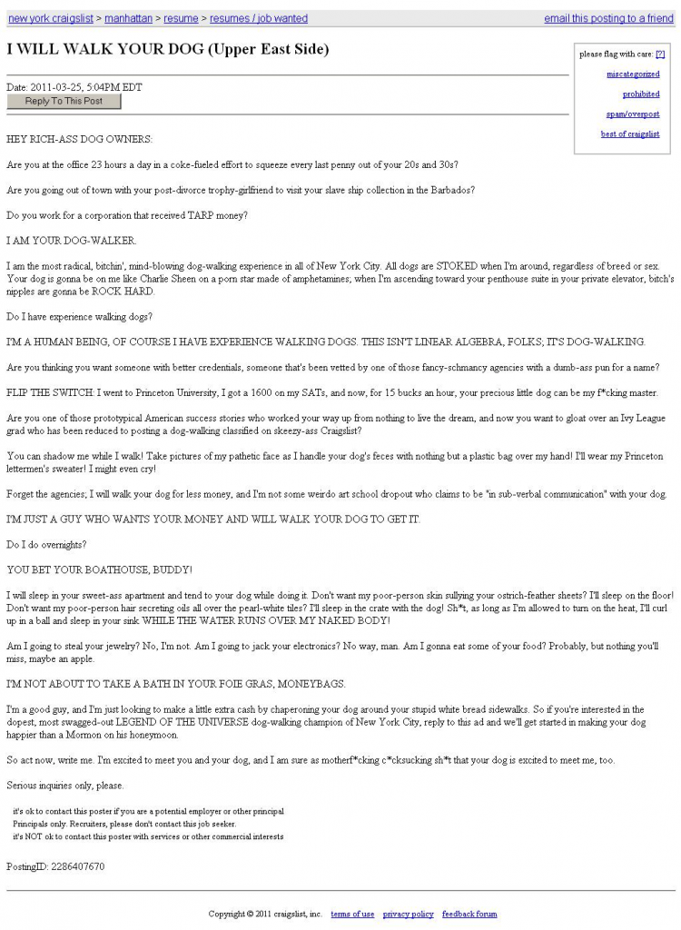 I WILL WALK YOUR DOG Craigslist ad